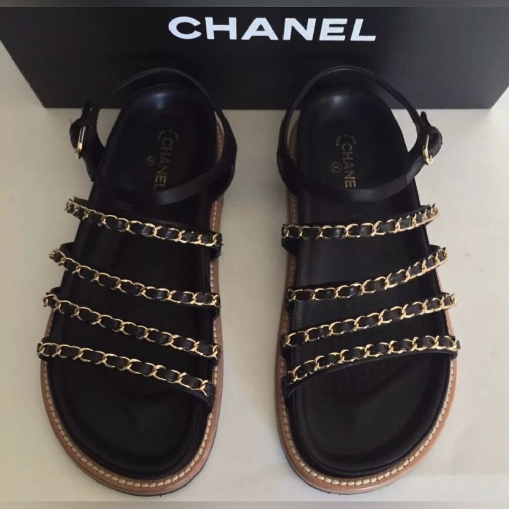 Chanel Chain Sandals Size 40 Black Satin and Gold